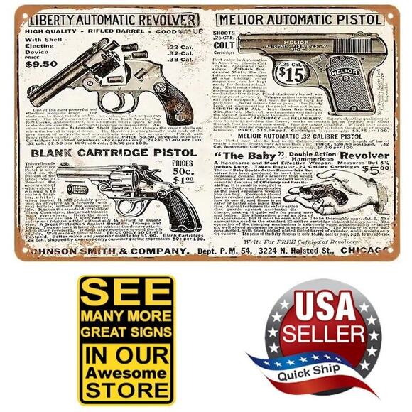 Tin Sign • Vintage Pistols • Liberty and Melior Automatics •The Baby Revolver - Picture 1 of 10